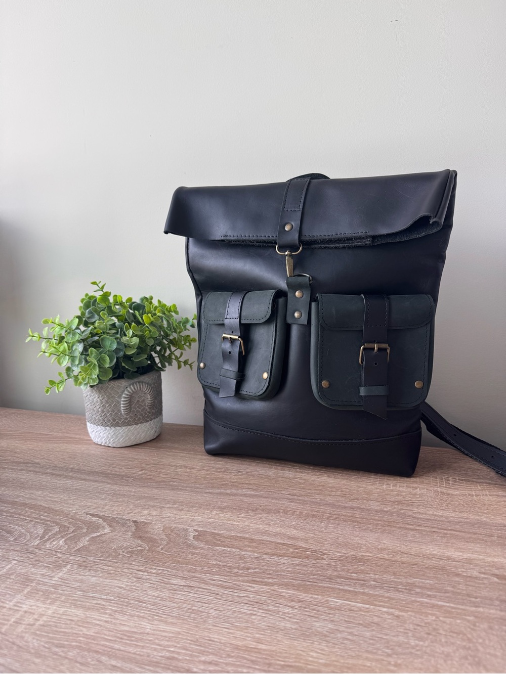Handcrafted Black Leather Roll Top Backpack Buckle Forest Green Pockets Unisex